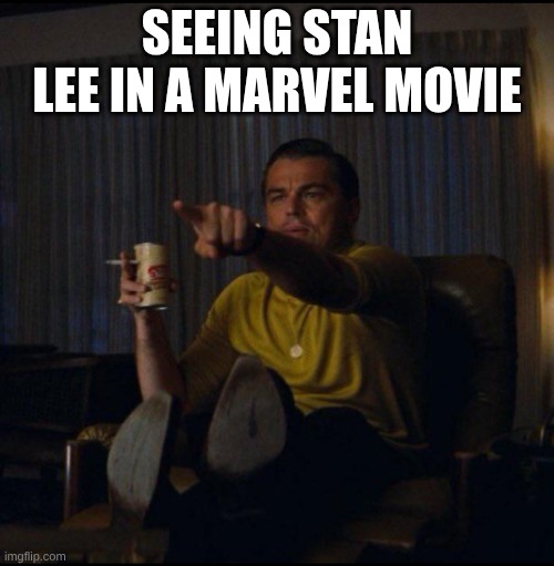 THERE HE IS! | SEEING STAN LEE IN A MARVEL MOVIE | image tagged in leonardo dicaprio pointing | made w/ Imgflip meme maker