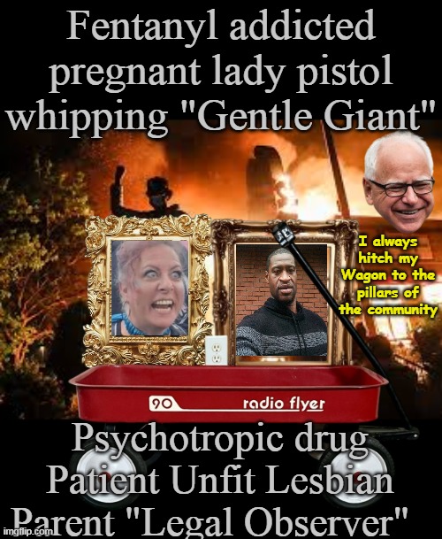 Took two of her kids away before she just "ended up" @ her 3rd ICE protest | Fentanyl addicted pregnant lady pistol whipping "Gentle Giant"; I always hitch my Wagon to the pillars of the community; Psychotropic drug Patient Unfit Lesbian Parent "Legal Observer" | image tagged in floyd good walz wagon meme | made w/ Imgflip meme maker