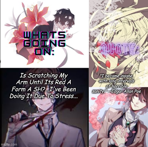 Just Wondering | "I became insane, with long intervals of horrible sanity," --Edgar Allan Poe; Is Scratching My Arm Until Its Red A Form A SH?...I've Been Doing It Due To Stress... | image tagged in roxas' vent temp | made w/ Imgflip meme maker