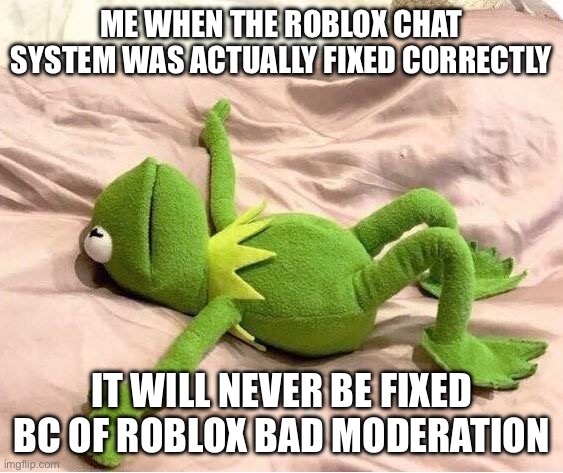 Kermit laying down | ME WHEN THE ROBLOX CHAT SYSTEM WAS ACTUALLY FIXED CORRECTLY IT WILL NEVER BE FIXED BC OF ROBLOX BAD MODERATION | image tagged in kermit laying down | made w/ Imgflip meme maker