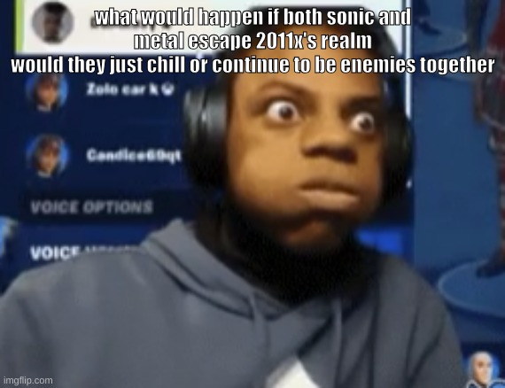 speed blowing | what would happen if both sonic and metal escape 2011x's realm
would they just chill or continue to be enemies together | image tagged in speed blowing | made w/ Imgflip meme maker