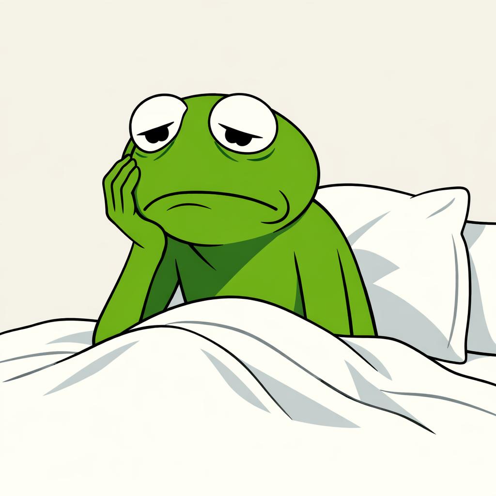 Kermit The frog face with major regret sitting up in bed Blank Meme Template