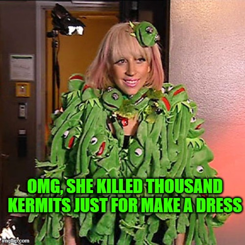Lady Gaga Kermit Muppets | OMG, SHE KILLED THOUSAND KERMITS JUST FOR MAKE A DRESS | image tagged in lady gaga kermit muppets | made w/ Imgflip meme maker