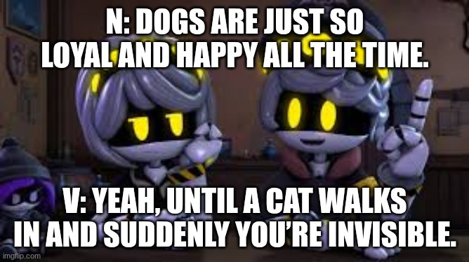 N and V Talking | N: DOGS ARE JUST SO LOYAL AND HAPPY ALL THE TIME. V: YEAH, UNTIL A CAT WALKS IN AND SUDDENLY YOU’RE INVISIBLE. | image tagged in n and v talking | made w/ Imgflip meme maker