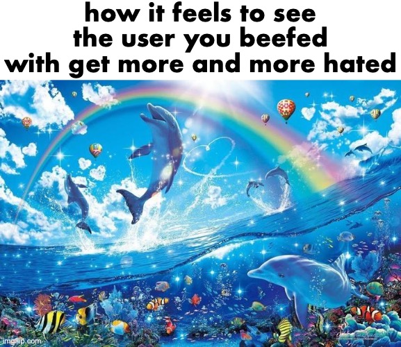 Happy dolphin rainbow | how it feels to see the user you beefed with get more and more hated | image tagged in happy dolphin rainbow | made w/ Imgflip meme maker