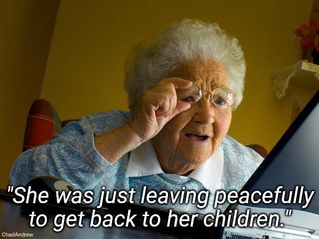 "She was just leaving peacefully to get back to her children." --Democrats | "She was just leaving peacefully to get back to her children." | image tagged in memes,grandma finds the internet,maga,ice,crying democrats | made w/ Imgflip meme maker