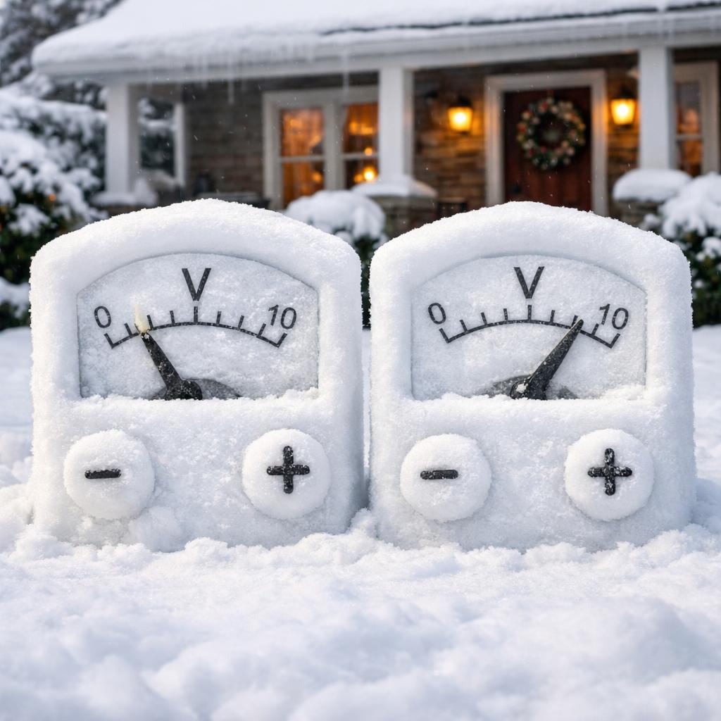 Two voltmeters made of snow in front of a house Blank Meme Template