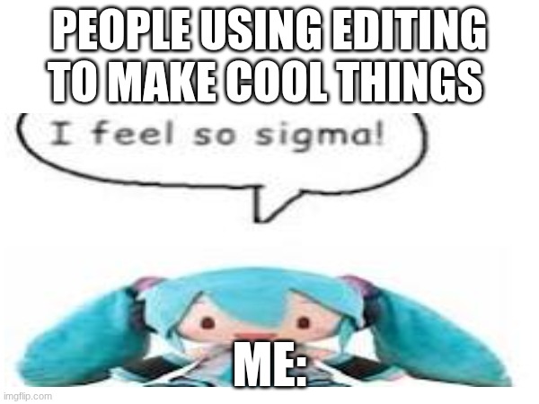 me like fun things | PEOPLE USING EDITING TO MAKE COOL THINGS; ME: | image tagged in hatsune miku | made w/ Imgflip meme maker