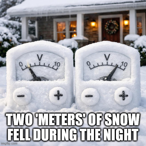 Two voltmeters made of snow in front of a house | TWO 'METERS' OF SNOW FELL DURING THE NIGHT | image tagged in two voltmeters made of snow in front of a house | made w/ Imgflip meme maker