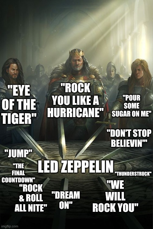 Arena Rock Before the Days of Overproduced Creed-Coded Arena Rock/Pop Rock Slop | "ROCK YOU LIKE A HURRICANE"; "EYE OF THE TIGER"; "POUR SOME SUGAR ON ME"; "DON'T STOP BELIEVIN'"; "JUMP"; LED ZEPPELIN; "THE FINAL COUNTDOWN"; "THUNDERSTRUCK"; "WE WILL ROCK YOU"; "DREAM ON"; "ROCK & ROLL ALL NITE" | image tagged in knights of the round table,memes,music,rock music,led zeppelin,ac/dc | made w/ Imgflip meme maker