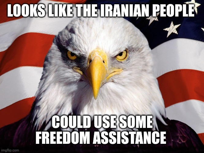 Freedom Eagle | LOOKS LIKE THE IRANIAN PEOPLE; COULD USE SOME FREEDOM ASSISTANCE | image tagged in freedom eagle | made w/ Imgflip meme maker