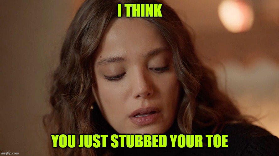 stubbed toe | I THINK; YOU JUST STUBBED YOUR TOE | image tagged in sevilay la notte nel cuore | made w/ Imgflip meme maker