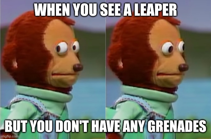 Arc Raiders meme 3 | WHEN YOU SEE A LEAPER; BUT YOU DON'T HAVE ANY GRENADES | image tagged in awkward look | made w/ Imgflip meme maker