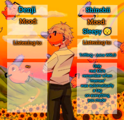 I think you could remove it if you wanted tho | Sleepy 😴; Only real OG's remember when "memes" was automatically a tag on everything you made; Triffling - Juice WRLD | image tagged in denji and shinobii announcement temp,memes,tags,og | made w/ Imgflip meme maker