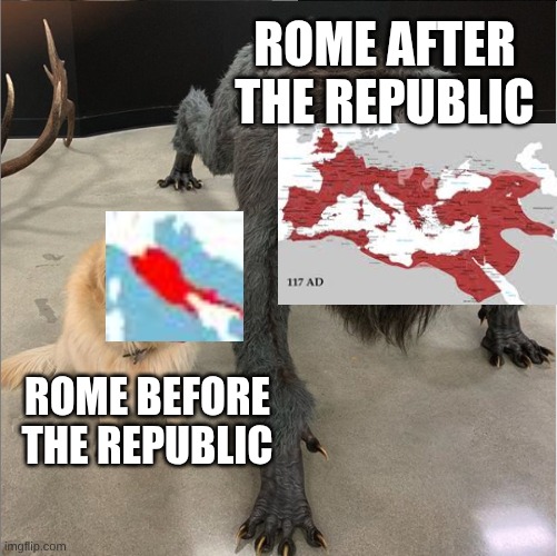 ROME BEFORE ROME AFTER | ROME AFTER THE REPUBLIC; ROME BEFORE THE REPUBLIC | image tagged in dog vs werewolf | made w/ Imgflip meme maker