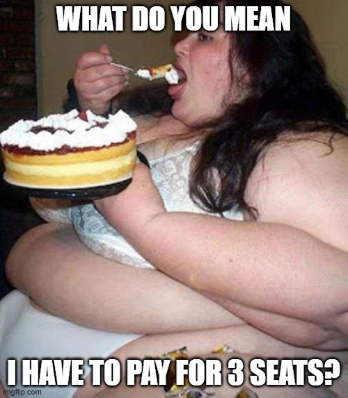 Fat woman with cake | WHAT DO YOU MEAN I HAVE TO PAY FOR 3 SEATS? | image tagged in fat woman with cake | made w/ Imgflip meme maker