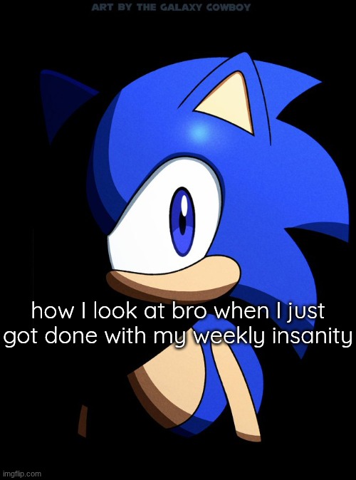 Sonic Blank Stare In The Dark | how I look at bro when I just got done with my weekly insanity | image tagged in sonic blank stare in the dark | made w/ Imgflip meme maker