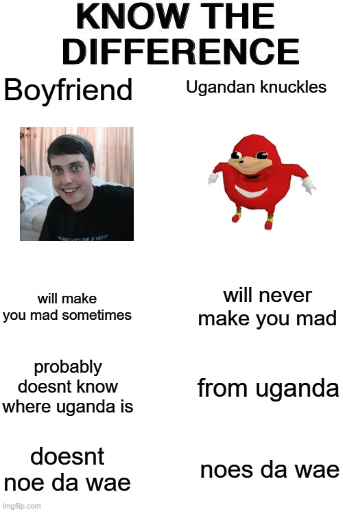 ugandan knuckles is better | Ugandan knuckles; Boyfriend; will never make you mad; will make you mad sometimes; probably doesnt know where uganda is; from uganda; doesnt noe da wae; noes da wae | image tagged in know the difference | made w/ Imgflip meme maker