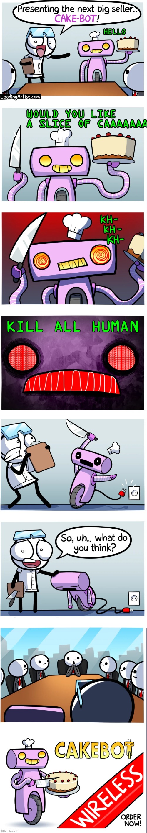 image tagged in comics,cake,robots,dark humor,killing,company | made w/ Imgflip meme maker