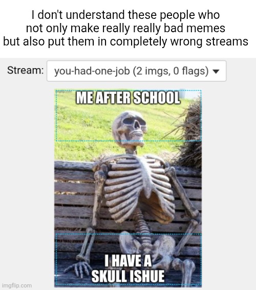 I know they're probably like, 8 | I don't understand these people who not only make really really bad memes but also put them in completely wrong streams | image tagged in memes,you had one job,streams,moderators,bad memes,why | made w/ Imgflip meme maker