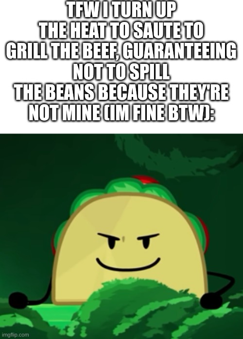 stupid dumb thing that I thought of | TFW I TURN UP THE HEAT TO SAUTE TO GRILL THE BEEF, GUARANTEEING NOT TO SPILL THE BEANS BECAUSE THEY'RE NOT MINE (IM FINE BTW): | image tagged in ii,inanimate insanity | made w/ Imgflip meme maker