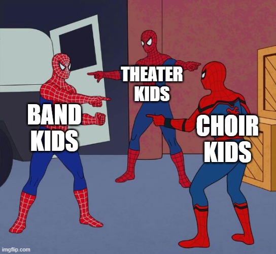weird kids unite | THEATER KIDS; BAND KIDS; CHOIR KIDS | image tagged in spider man triple | made w/ Imgflip meme maker