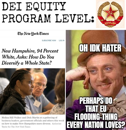 European anti-EU parties are leading polls by a LOT. So much that the UK has delayed yet another election | DEI EQUITY PROGRAM LEVEL:; OH IDK HATER; PERHAPS DO THAT EU FLOODING-THING EVERY NATION LOVES? | image tagged in creepy condescending wonka,diversity,identity politics,immigration,politics | made w/ Imgflip meme maker