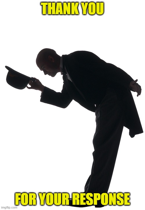 THANK YOU FOR YOUR RESPONSE | image tagged in polite bow | made w/ Imgflip meme maker