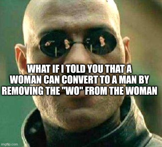 What if i told you | WHAT IF I TOLD YOU THAT A WOMAN CAN CONVERT TO A MAN BY REMOVING THE "WO" FROM THE WOMAN | image tagged in what if i told you | made w/ Imgflip meme maker