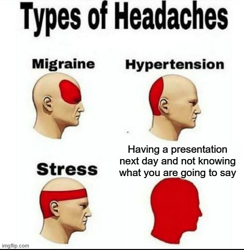 Types of Headaches meme | Having a presentation next day and not knowing what you are going to say | image tagged in types of headaches meme | made w/ Imgflip meme maker