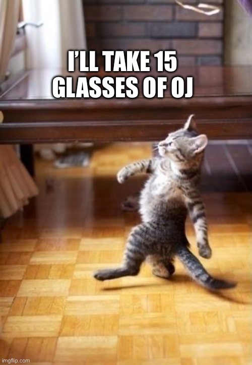 I’LL TAKE 15 GLASSES OF OJ | image tagged in memes,cool cat stroll | made w/ Imgflip meme maker
