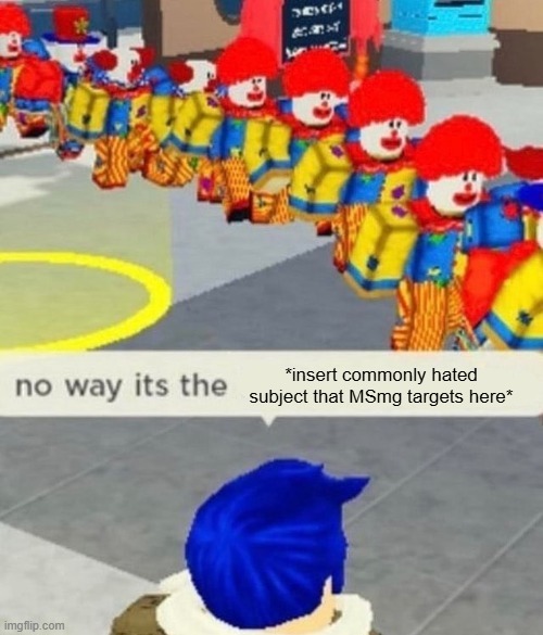 Roblox no way it's the *insert something you hate* | *insert commonly hated subject that MSmg targets here* | image tagged in roblox no way it's the insert something you hate | made w/ Imgflip meme maker