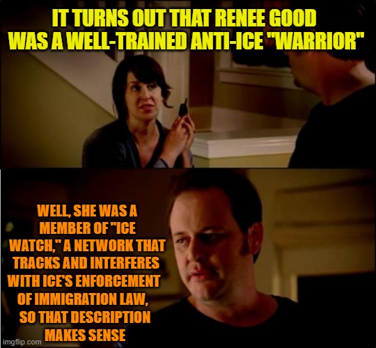 ICE Watcher | IT TURNS OUT THAT RENEE GOOD 
WAS A WELL-TRAINED ANTI-ICE "WARRIOR"; WELL, SHE WAS A MEMBER OF "ICE WATCH," A NETWORK THAT TRACKS AND INTERFERES; WITH ICE'S ENFORCEMENT OF IMMIGRATION LAW, SO THAT DESCRIPTION
MAKES SENSE | image tagged in renee good,ice,ice watch,illegal immigration,minnesota | made w/ Imgflip meme maker