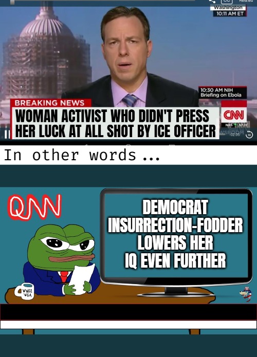 No, she didn't deserve to die. Deliberately obstructing the yearly ICE work is not a "protest" either | In other words... DEMOCRAT INSURRECTION-FODDER LOWERS HER IQ EVEN FURTHER | image tagged in real news,cnn breaking news template,deportation,politics | made w/ Imgflip meme maker