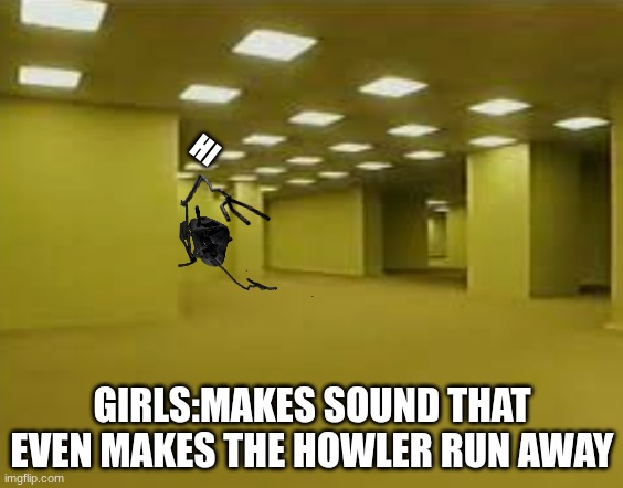 backrooms | HI; GIRLS:MAKES SOUND THAT EVEN MAKES THE HOWLER RUN AWAY | image tagged in backrooms | made w/ Imgflip meme maker