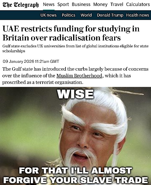 WISE; FOR THAT I'LL ALMOST FORGIVE YOUR SLAVE TRADE | image tagged in wise man is impressed,sarcasm,muslims,politics,uk | made w/ Imgflip meme maker
