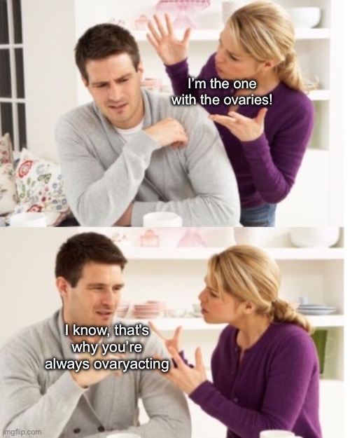 Ovary-action | I’m the one with the ovaries! I know, that's why you’re always ovaryacting | image tagged in arguing couple reverse soc,ovaries,reaction,game over,woman,bad pun | made w/ Imgflip meme maker