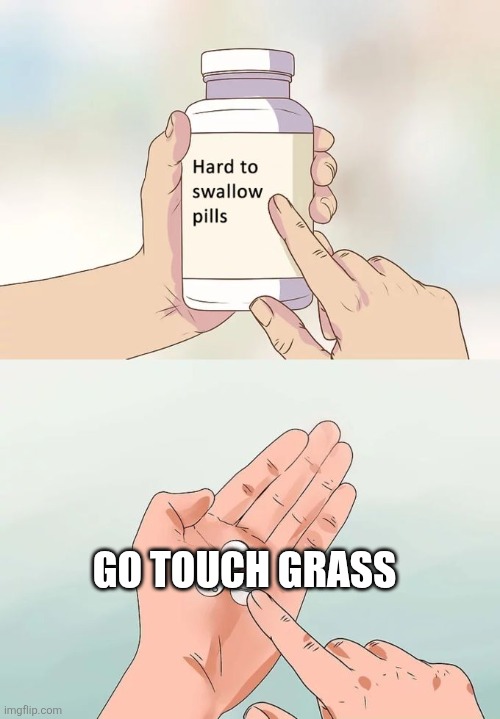 Hard To Swallow Pills Meme | GO TOUCH GRASS | image tagged in memes,hard to swallow pills | made w/ Imgflip meme maker