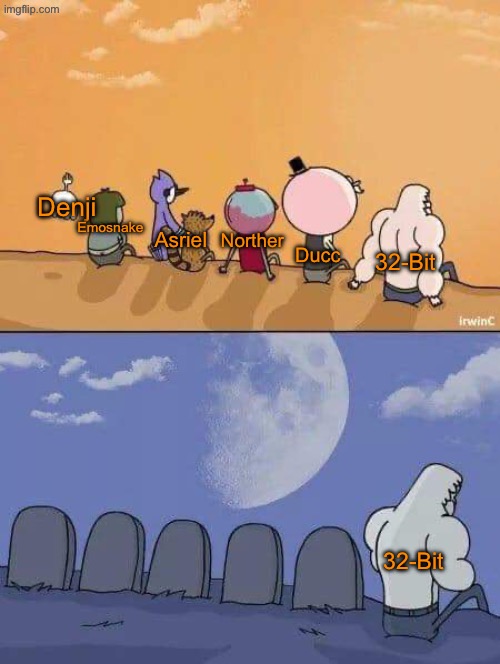 So many good mods lost their mod status in such a short time :( | Emosnake; Denji; Norther; Asriel; 32-Bit; Ducc; 32-Bit | image tagged in regular show graves | made w/ Imgflip meme maker