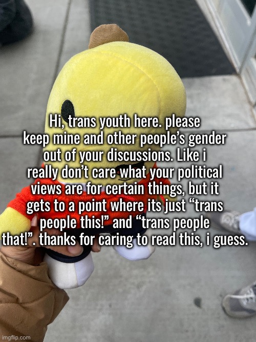 idk man. its just uncomfortable for me to be the topic of political discussion. | Hi, trans youth here. please keep mine and other people’s gender out of your discussions. Like i really don’t care what your political views are for certain things, but it gets to a point where its just “trans people this!” and “trans people that!”. thanks for caring to read this, i guess. | made w/ Imgflip meme maker