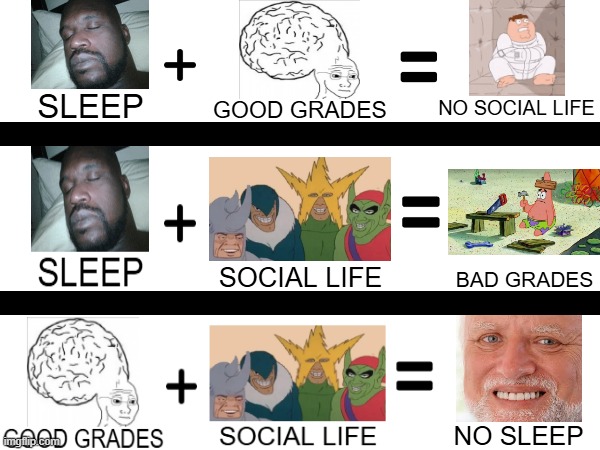 Comment if you can relate | BAD GRADES; SOCIAL LIFE; NO SLEEP | image tagged in spongebob,hide the pain harold,spiderman,school,sleeping shaq,smart | made w/ Imgflip meme maker