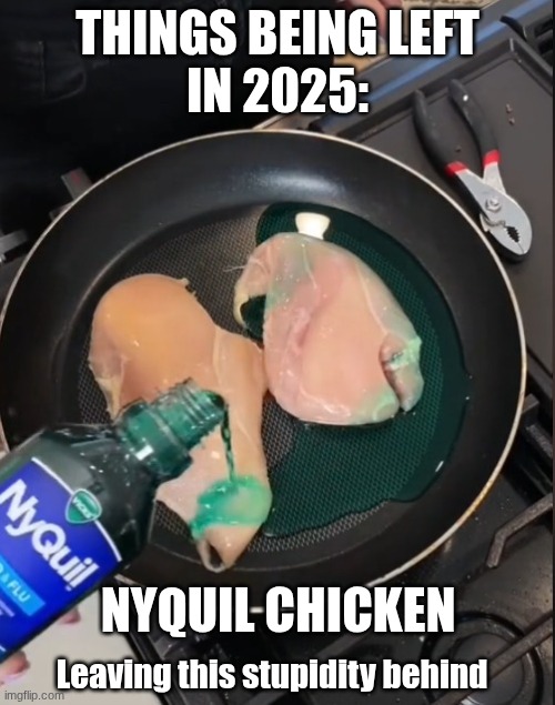 NyQuil Chicken | THINGS BEING LEFT
IN 2025:; NYQUIL CHICKEN; Leaving this stupidity behind | image tagged in nyquil chicken | made w/ Imgflip meme maker