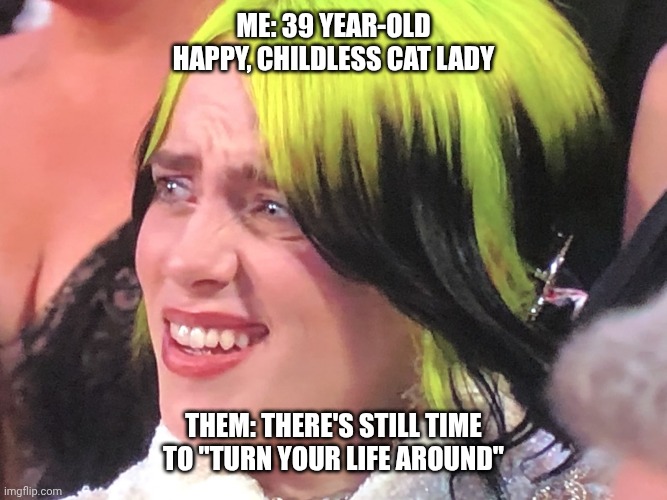 Billie Eilish Oscars | ME: 39 YEAR-OLD HAPPY, CHILDLESS CAT LADY; THEM: THERE'S STILL TIME TO "TURN YOUR LIFE AROUND" | image tagged in billie eilish oscars | made w/ Imgflip meme maker