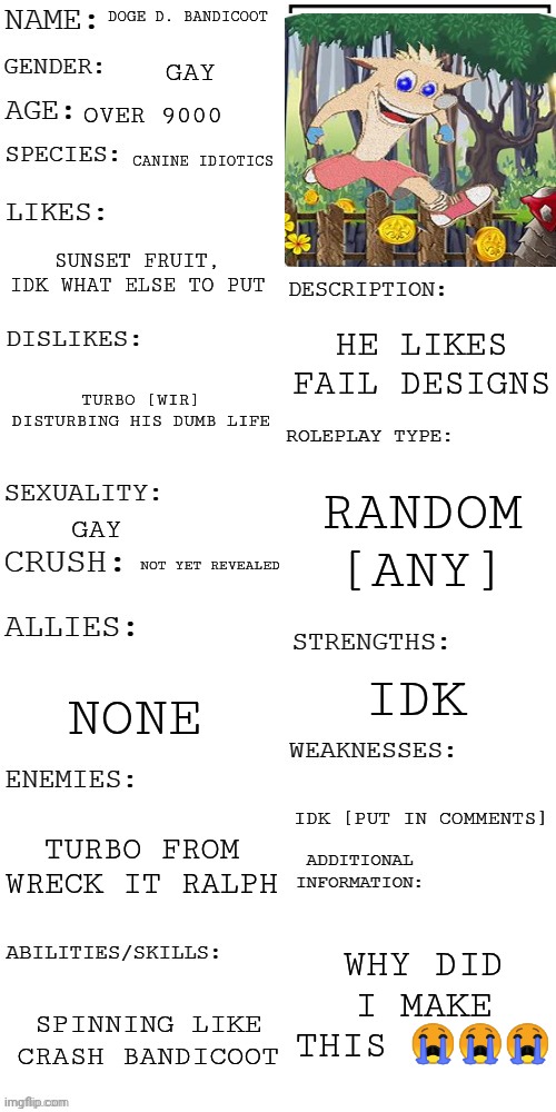 Idk | DOGE D. BANDICOOT; GAY; OVER 9000; CANINE IDIOTICS; SUNSET FRUIT, IDK WHAT ELSE TO PUT; HE LIKES FAIL DESIGNS; TURBO [WIR] DISTURBING HIS DUMB LIFE; RANDOM [ANY]; GAY; NOT YET REVEALED; IDK; NONE; IDK [PUT IN COMMENTS]; TURBO FROM WRECK IT RALPH; WHY DID I MAKE THIS 😭😭😭; SPINNING LIKE CRASH BANDICOOT | image tagged in updated roleplay oc showcase,random,shitpost,roleplaying | made w/ Imgflip meme maker