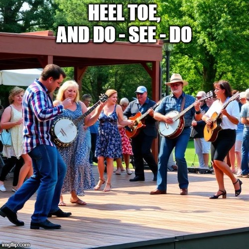 Heel Toe and Do See Do | HEEL TOE, AND DO - SEE - DO | image tagged in banjo,guitar,good times,ai generated image | made w/ Imgflip meme maker