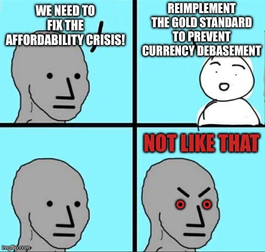 NPC not like that | REIMPLEMENT THE GOLD STANDARD TO PREVENT CURRENCY DEBASEMENT; WE NEED TO FIX THE AFFORDABILITY CRISIS! | image tagged in npc not like that | made w/ Imgflip meme maker