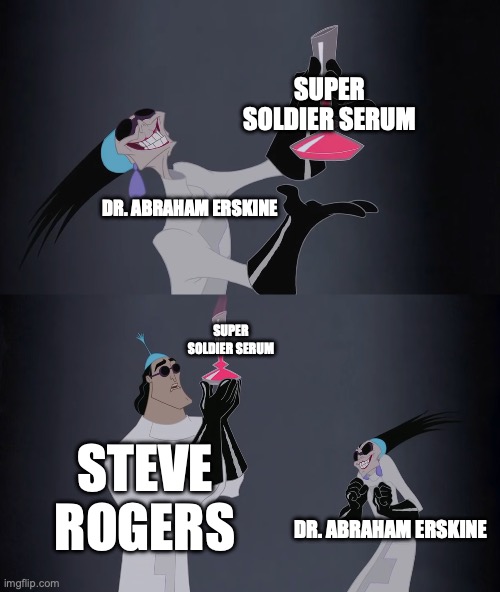 feel the power kronk | SUPER SOLDIER SERUM; DR. ABRAHAM ERSKINE; SUPER SOLDIER SERUM; STEVE ROGERS; DR. ABRAHAM ERSKINE | image tagged in feel the power kronk | made w/ Imgflip meme maker