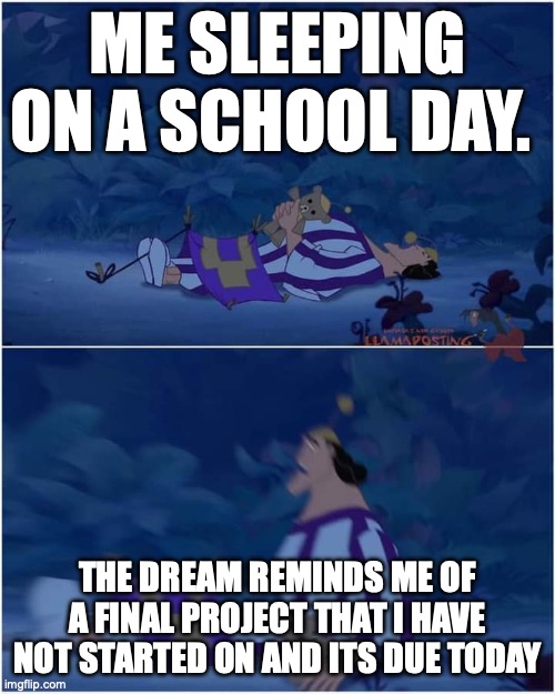 School | ME SLEEPING ON A SCHOOL DAY. THE DREAM REMINDS ME OF A FINAL PROJECT THAT I HAVE NOT STARTED ON AND ITS DUE TODAY | image tagged in sleeping kronk | made w/ Imgflip meme maker