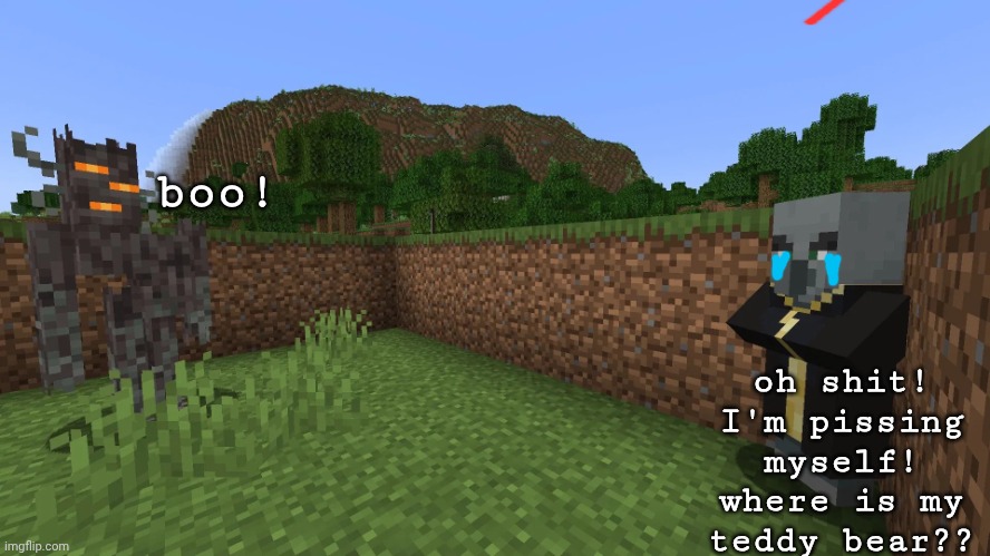 this illagele is stupir because he is scares from the creakigne | boo! oh shit! I'm pissing myself!
where is my teddy bear?? | image tagged in evoker running away from creaking | made w/ Imgflip meme maker