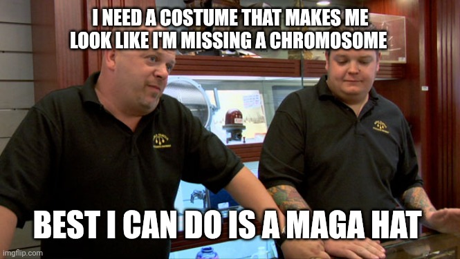Pawn Stars Best I Can Do | I NEED A COSTUME THAT MAKES ME LOOK LIKE I'M MISSING A CHROMOSOME; BEST I CAN DO IS A MAGA HAT | image tagged in pawn stars best i can do | made w/ Imgflip meme maker